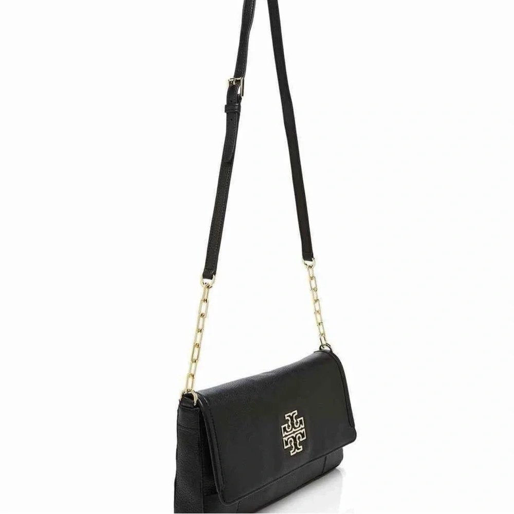 Tory Burch Britten Fold Over Messenger Black Leather Crossbody Purse - Picture 2 of 16